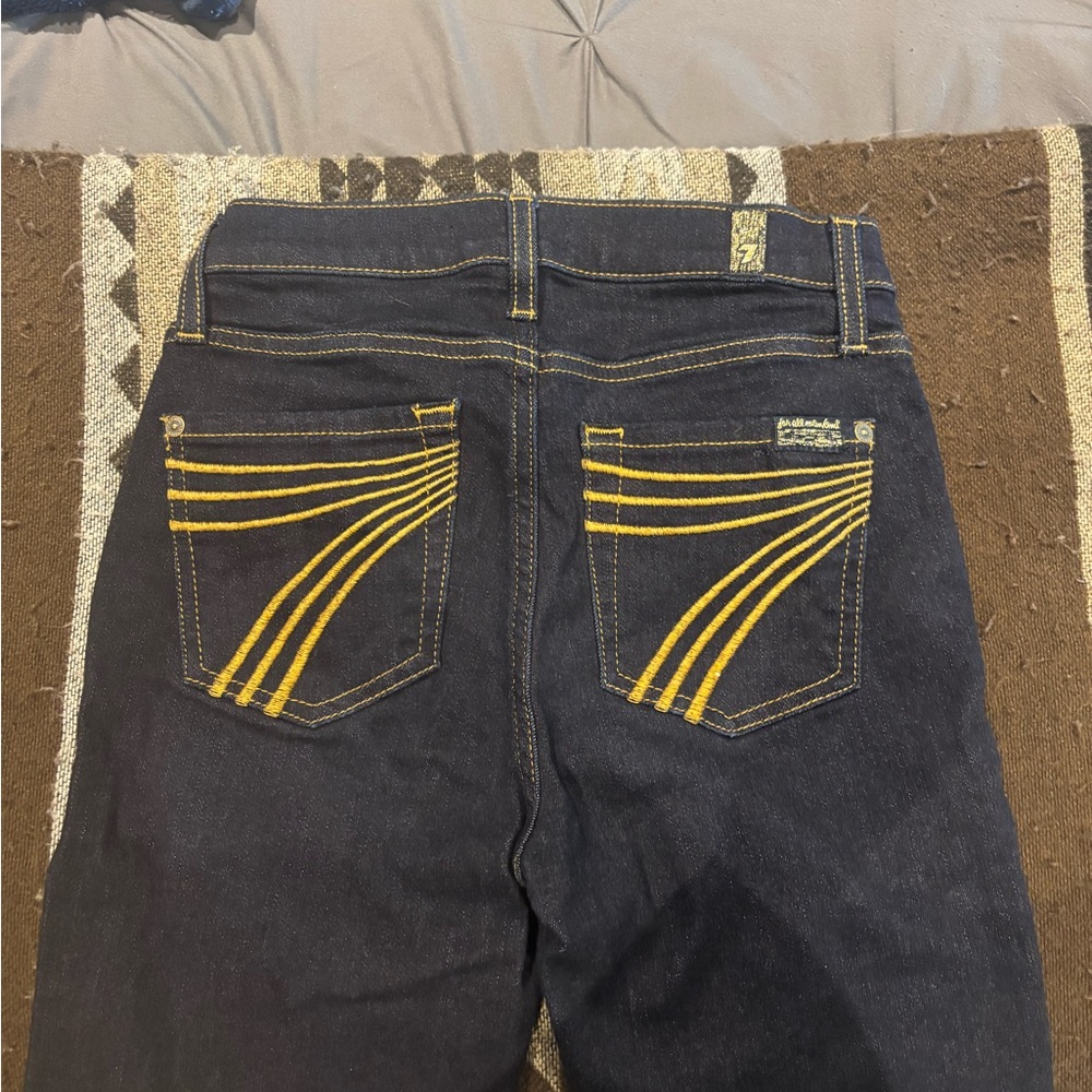 7 For All Mankind Women's Boot Cut Jeans - Dark Blue with Yellow Stitching